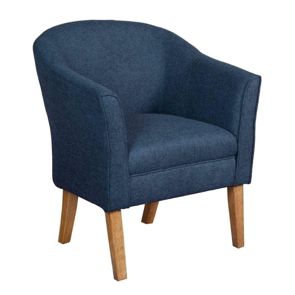Fabric Upholstered Wooden Accent Chair with Curved Back in Blue and Brown