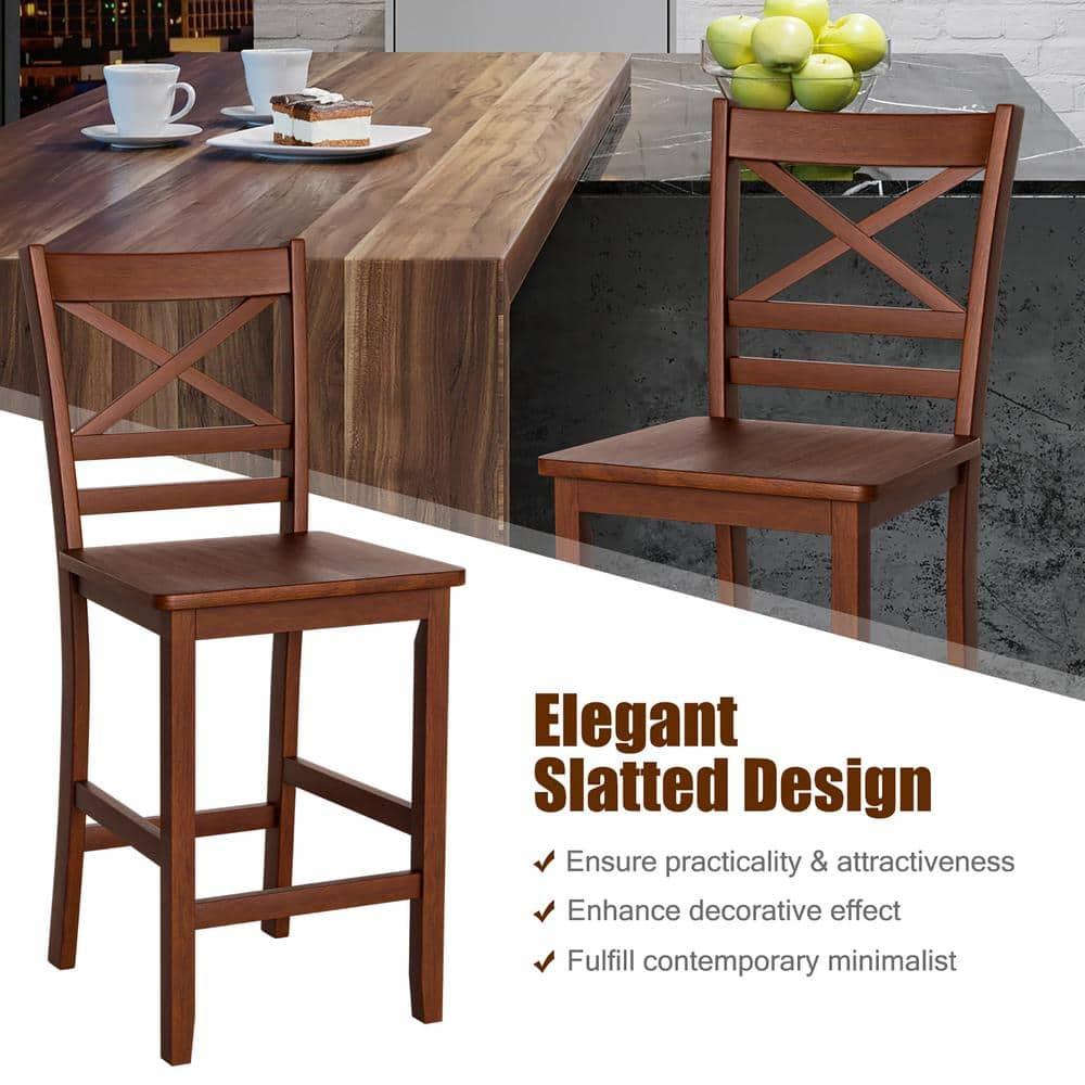Costway Set of 2 Bar Stools 24'' Counter Height Chairs w/ Rubber Wood Legs Walnut