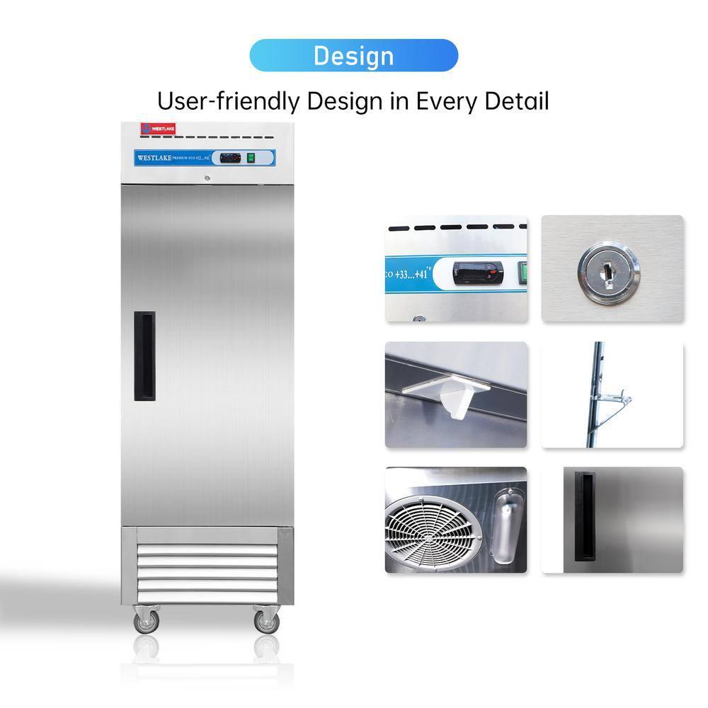WESTLAKE 27" W Commercial Refrigerator Stainless Steel Reach in Solid Single Door Upright Fan Cooling 23 Cu.ft Cooler for Restuarant, Bar, Shop, etc