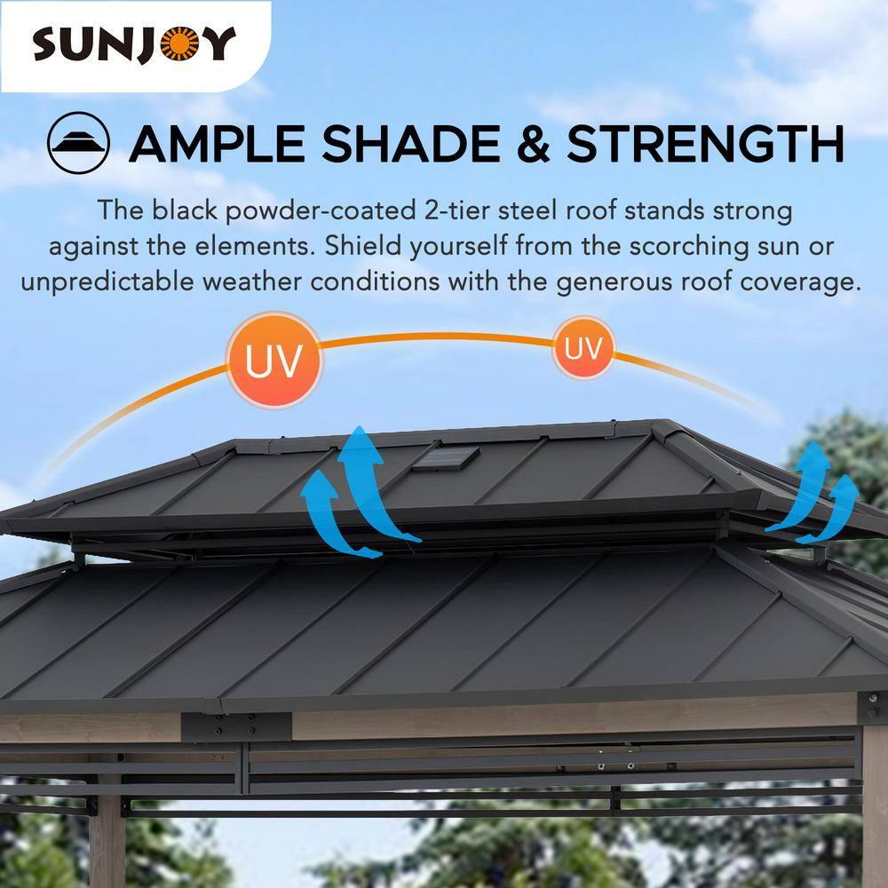 Sunjoy Sunjoy Wooden Grill Gazebo with Solar Power, 8 x 12 ft. Hardtop Gazebo for Year-Round Grilling, Outdoor Cedar Frame Cooking Shelter with Decorative Fence for Backyard BBQs Party