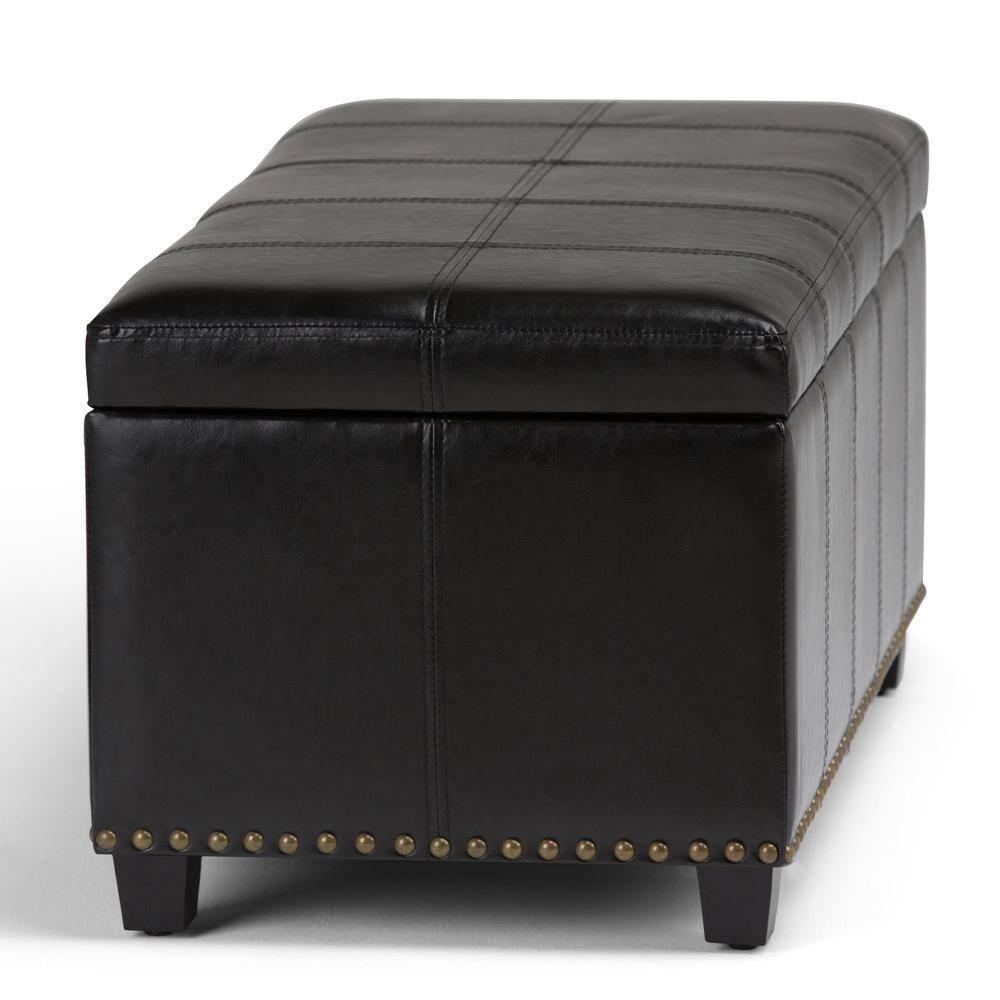 Simpli Home Amelia 34 inch Wide Transitional Rectangle Storage Ottoman Bench in Midnight Black Faux Leather