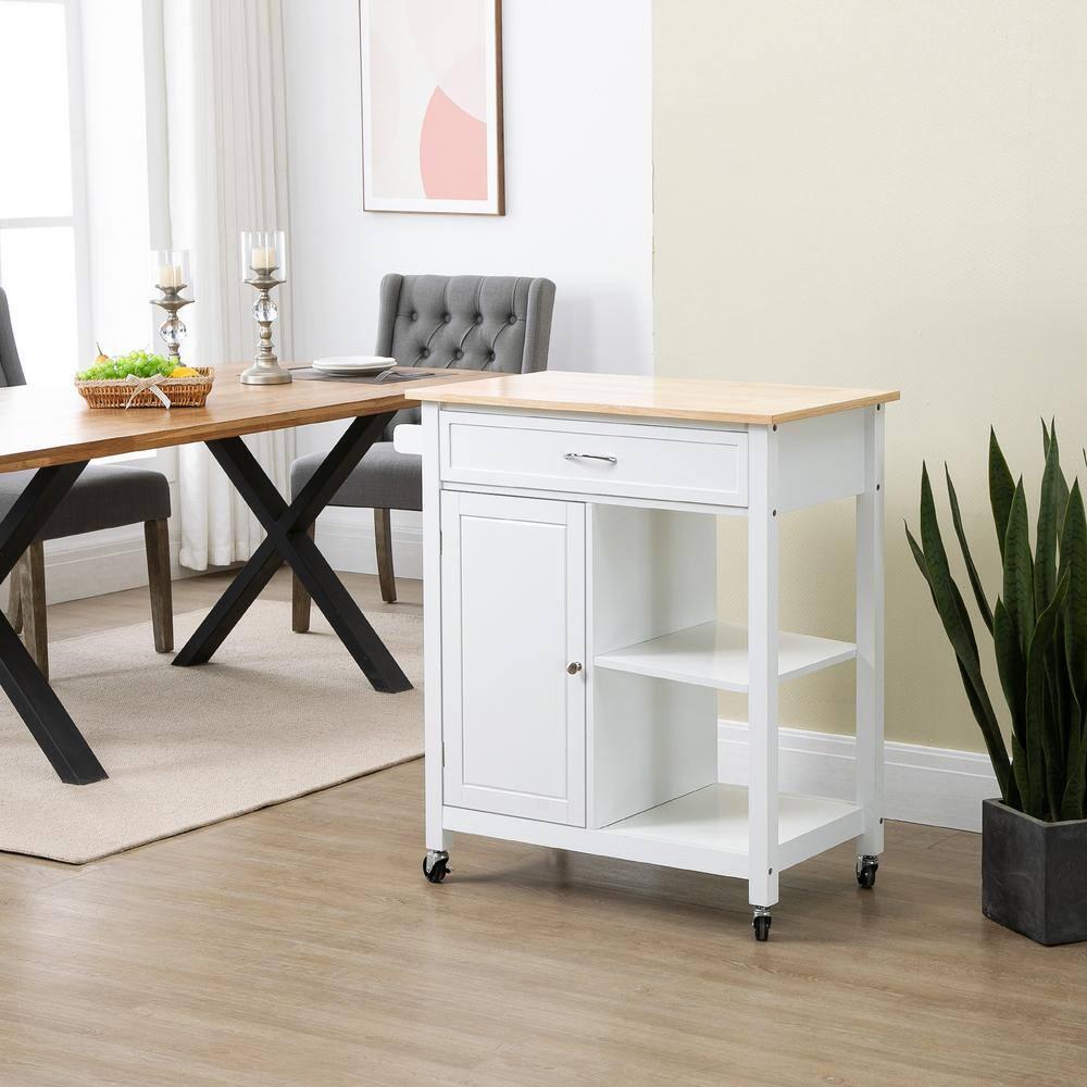 HOMCOM Rolling Kitchen Cart with Wood Top, Kitchen Island with Storage Drawer on Wheels for Dining Room, White