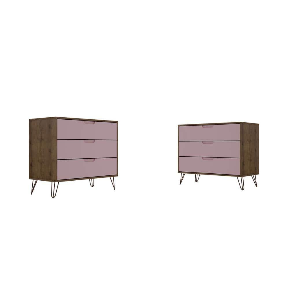 Set of 2 Rockefeller 3 Drawer Dresser Nature/Rose Pink - Manhattan Comfort: MDF Bedroom Storage, Easy-Glide, 6 Drawers