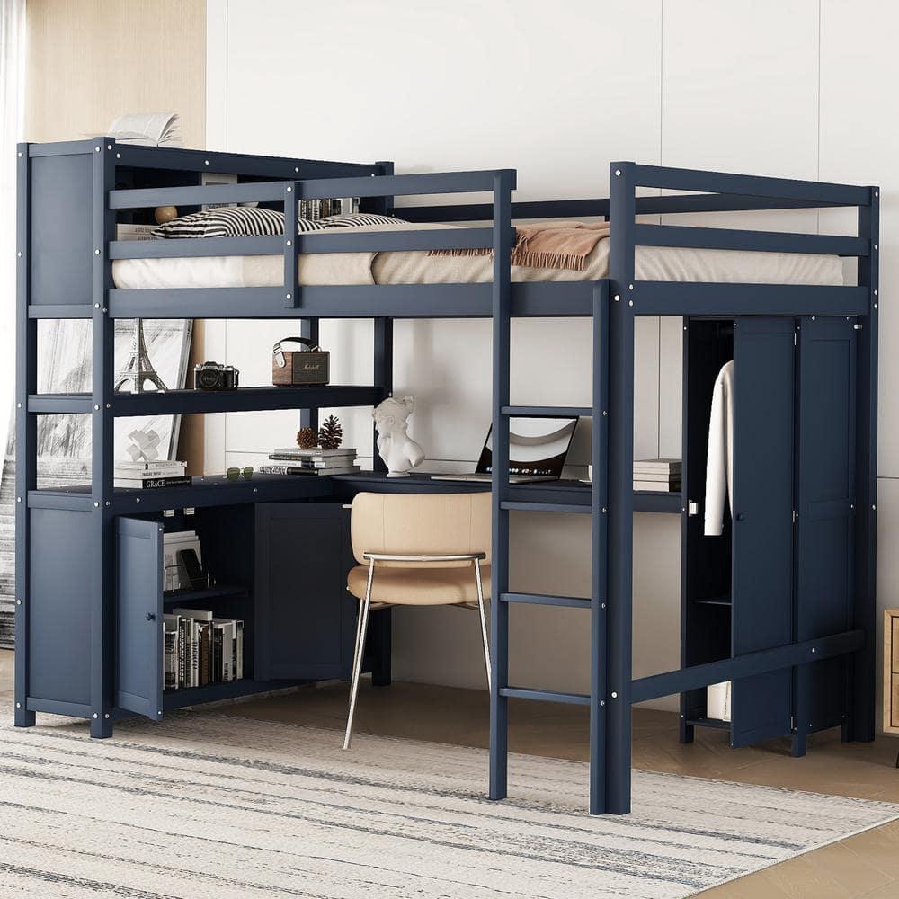 Dark Blue Full Size Wood Loft Bed with Wardrobe, Desk, Bookshelf and Cabinet