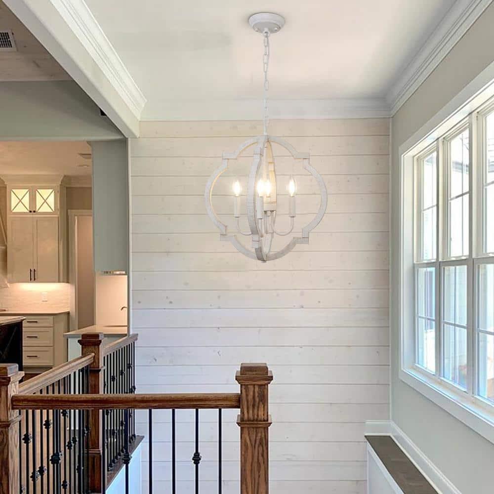 Farmhouse Chandelier Rustic Orb Chandeliers for Dining Room White Wooden Pendant Lighting 4 Light Small French Country Hanging Light Fixtures for Kitchen Island Living Room Bedroom Entryway