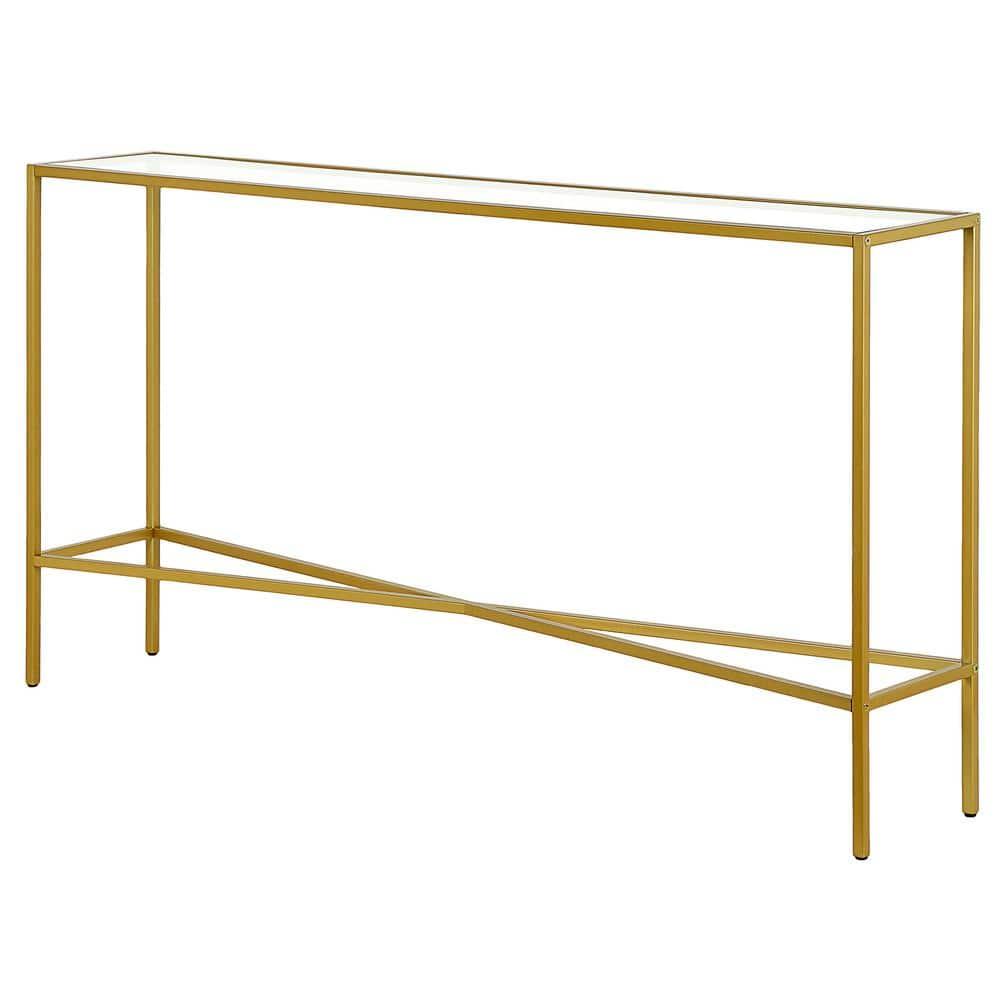 Evelyn&Zoe Henley 55" Wide Rectangular Console Table with Glass Top, Brass