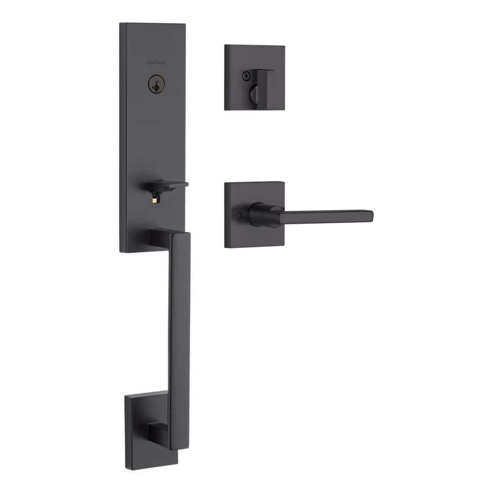 Vancouver Matte Black Keyed Entry Door Handleset with Halifax Passage Handle Featuring SmartKey Security