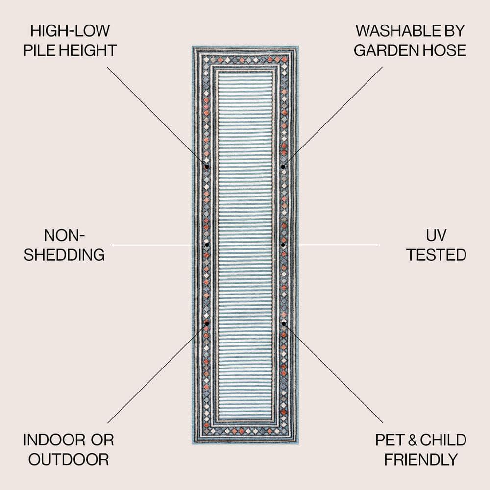 JONATHAN Y Sebastian High-Low Modern Diamond Border Blue/Ivory 2 ft. x 8 ft. Indoor/Outdoor Runner Rug