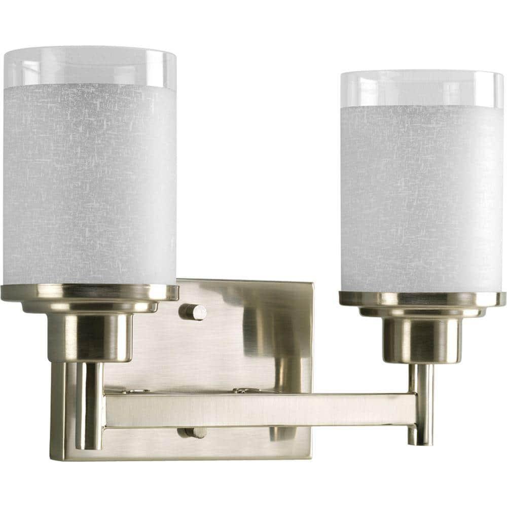 Progress Lighting Alexa Collection 2-Light Bath Fixture, Brushed Nickel, White Linen Glass Shade