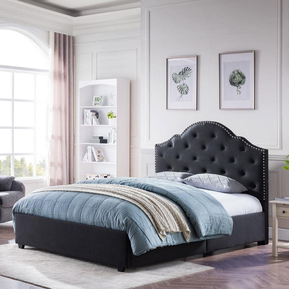 Noble House Allyssa Contemporary Fabric Button-Tufted Upholstered Queen Bed Frame with Nailhead Accents, Black