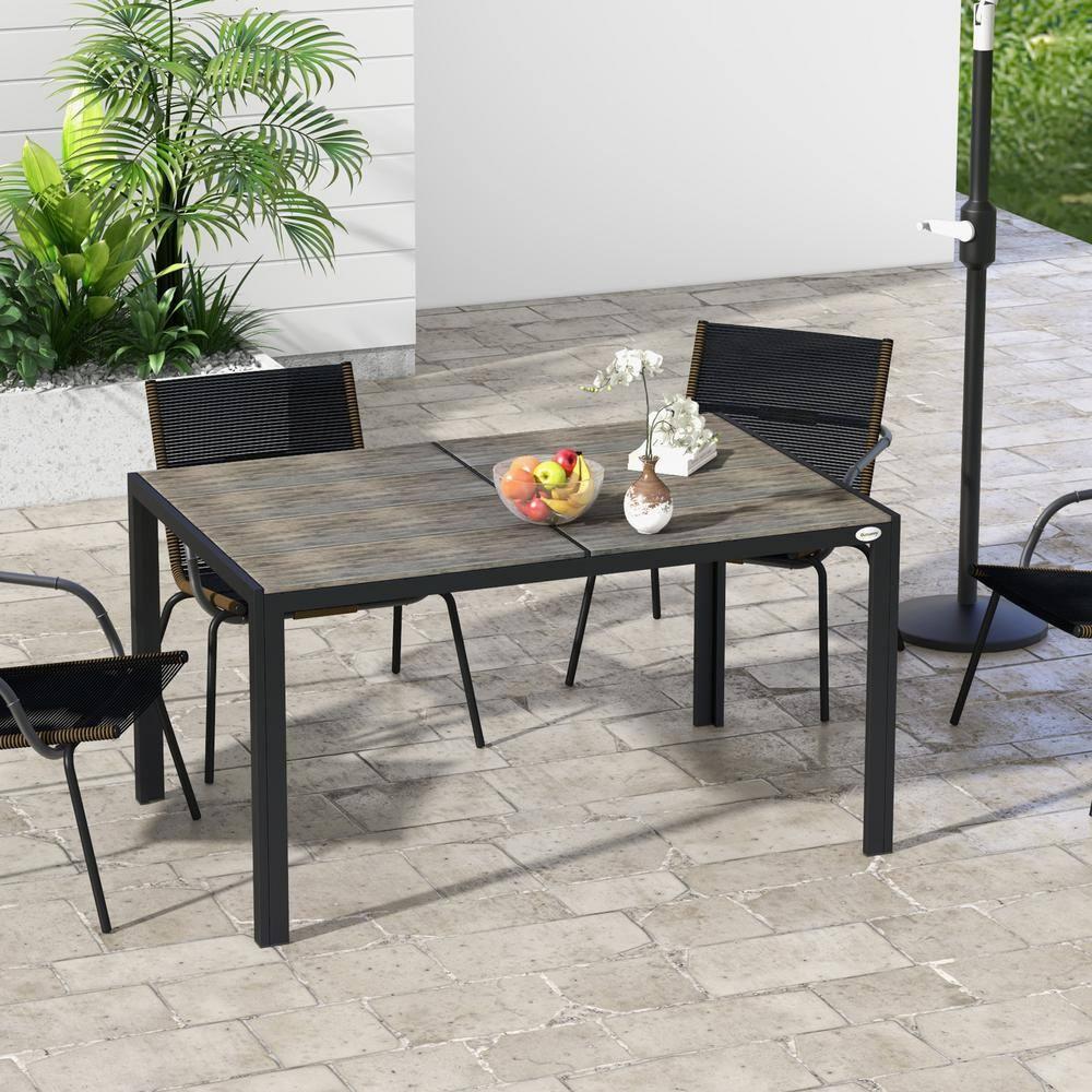 Outsunny Outdoor Dining Table for 6 People, Aluminum Rectangular Patio Table with Faux Wood Tabletop for Backyard, Lawn, 55" x 35.5", Gray