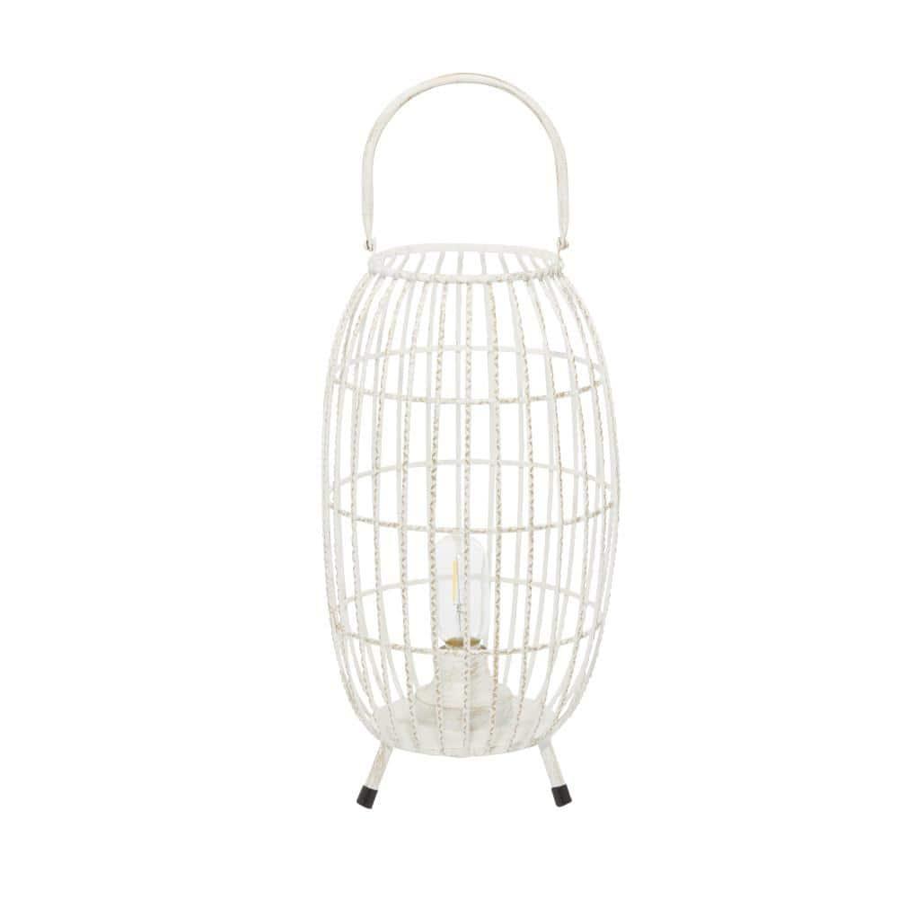 16" x 8.5" Oval Modern Metal Caged Candle Holder with Led Light Bulb Center White - Olivia & May
