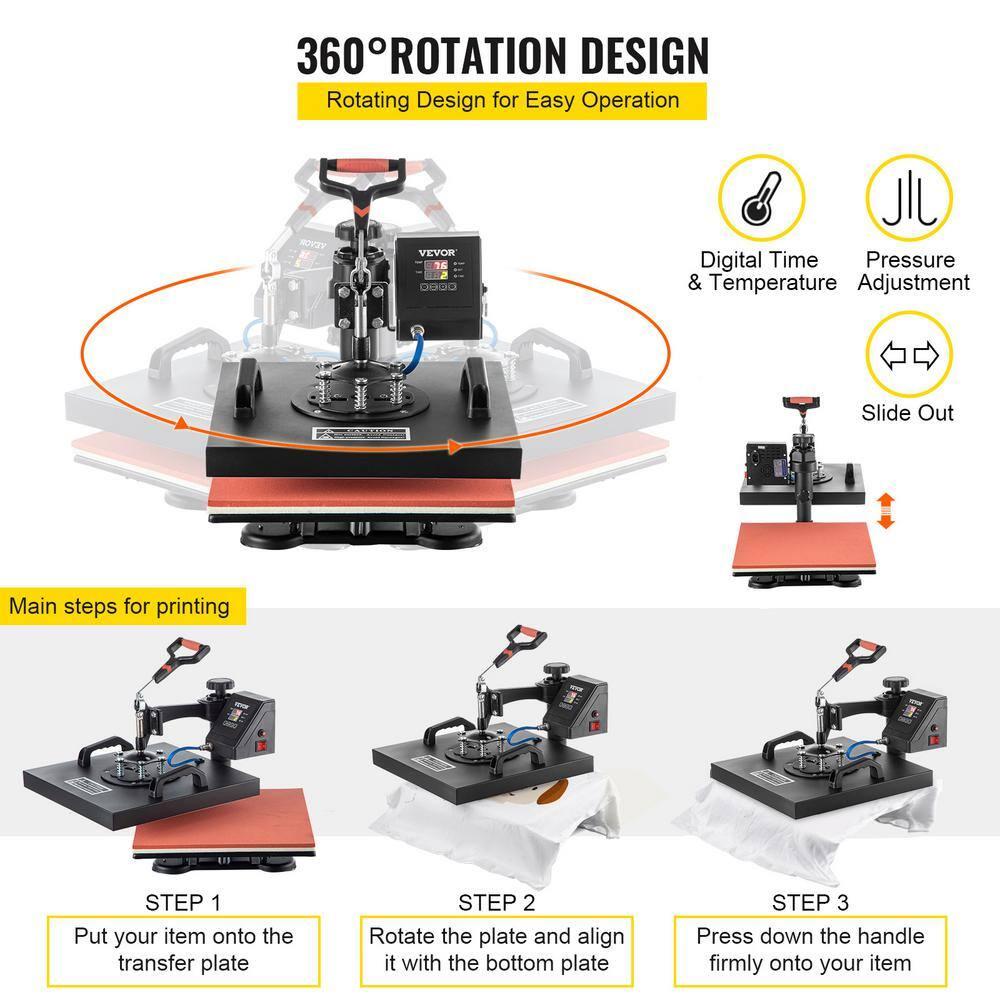 VEVOR Heat Press Machine - 6 in 1 Combo Heat Press Sublimation Machine for DIY T-Shirts/Hats/Mugs/Heat Transfer Projects, 15x15 Multifunction Swing Away Heat Press with 360° Rotation