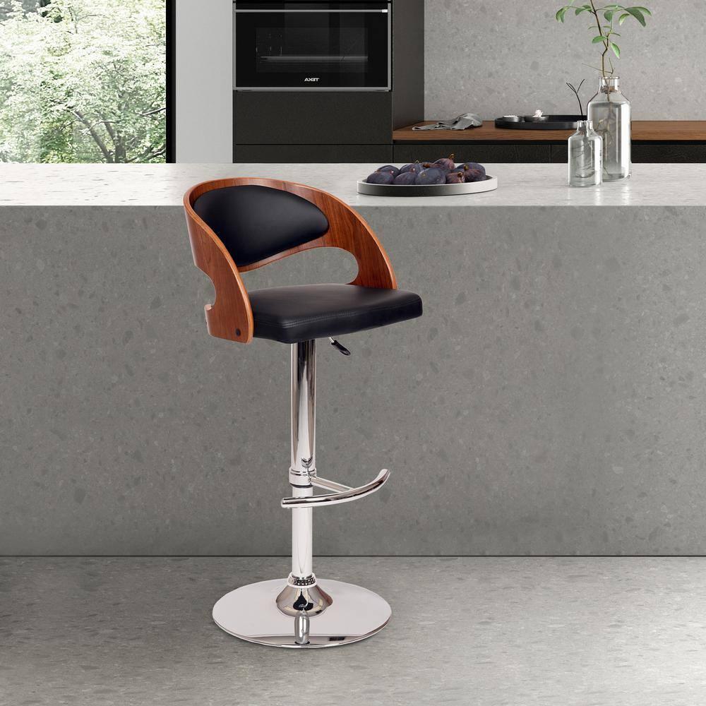 Malibu Adjustable Black Faux Leather and Walnut Swivel Bar Stool