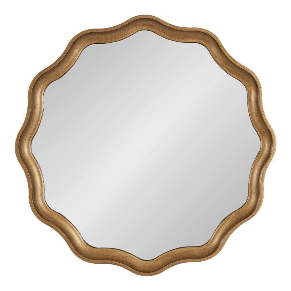 Kate and Laurel Hatherleigh Transitional Round Wooden Wall Mirror, 28 Inch Diameter, Gold, Modern Scalloped Wavy Wood Circle Mirror for Use in Bathroom, Entryway, or Bedroom
