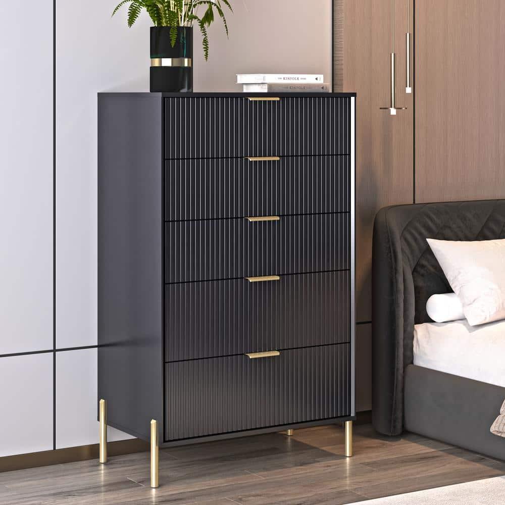 Festivo 5 Drawer Chest of Drawers Black: Modern Vertical Dresser, MDF Construction, Includes Anti-Tip Hardware