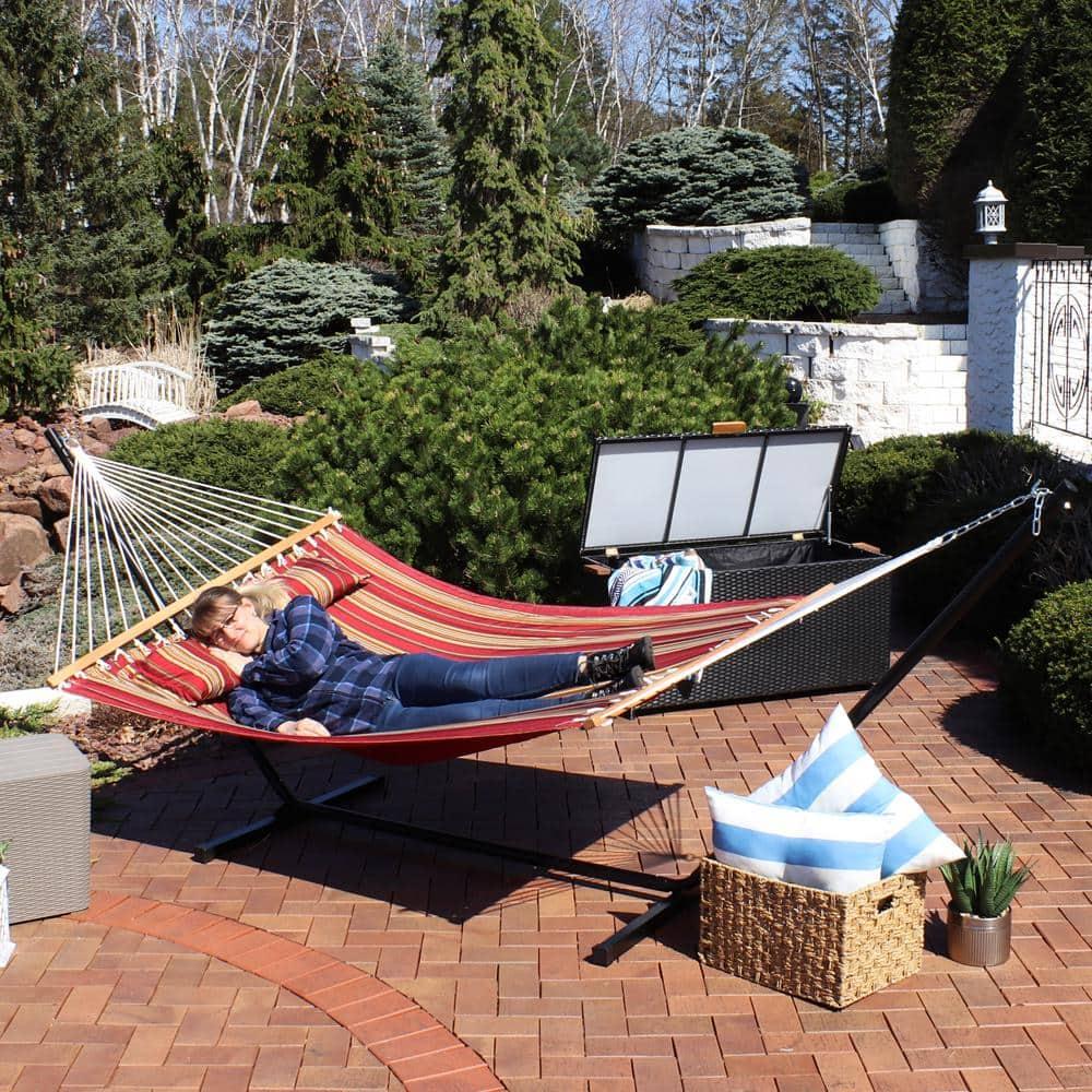 Sunnydaze Outdoor 2-Person Double Polyester Quilted Hammock with Wood Spreader Bar and 12ft Black Steel Stand - Red Stripe
