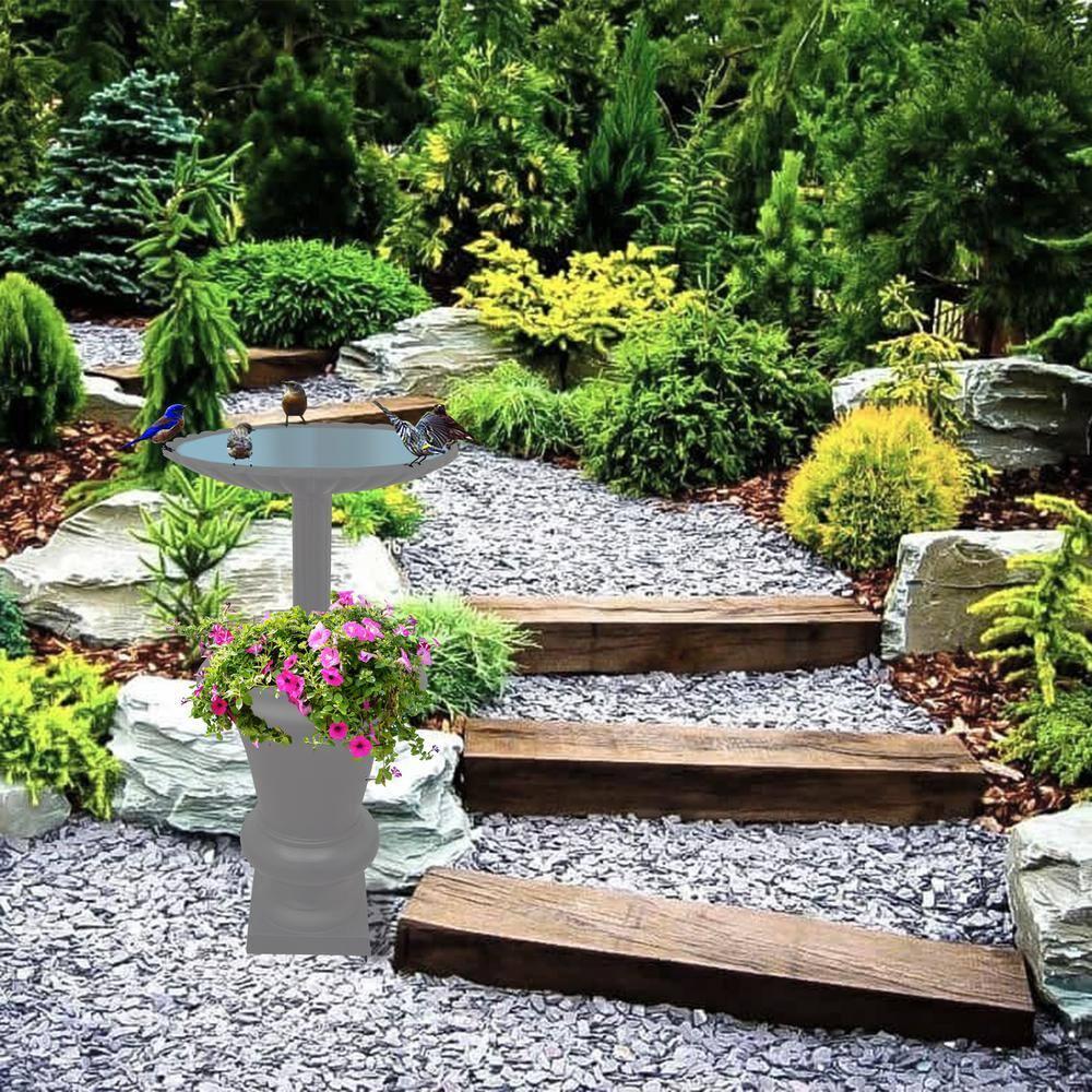 Ornate Cast Aluminum 40" Bird Bath with Planter - Gray - Oakland Living