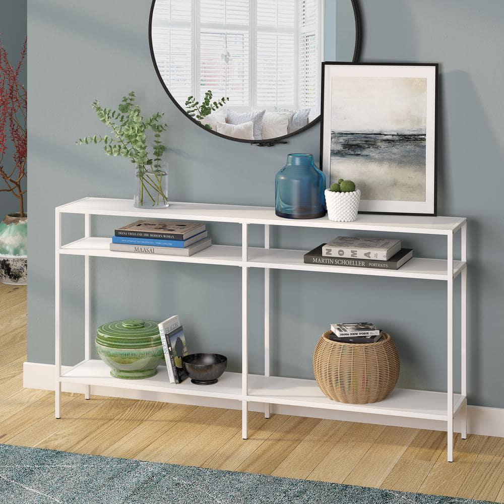 Evelyn&Zoe Sivil 55" Wide Rectangular Console Table with Metal Shelves, Matte White