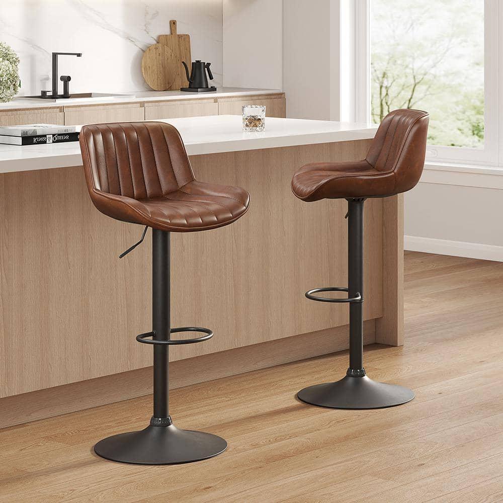 Art Leon Rustic Bar Stools Set of 2, Faux Leather with Backrest Chrome Legs, Upholstered Swivel Kitchen Stools, Cognac