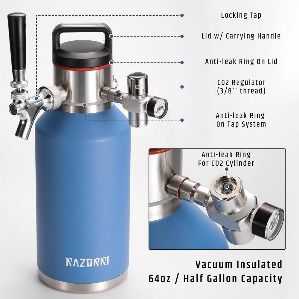 Razorri Engorde de Cerveza de Acero Inoxidable de 64 Oz, Barril Carbonatado con Aislamiento Al Vacío de Doble Pared con Grifo de Barra Profesional y Regulador de CO2 a Presión, 0,5 Galones, Azul Océano
