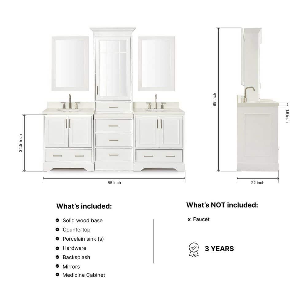 Ariel Stafford 85" Double Sink Vanity Set in White
