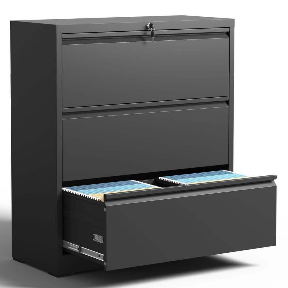 Black Metal 3-Drawer Lockable Lateral File Cabinet