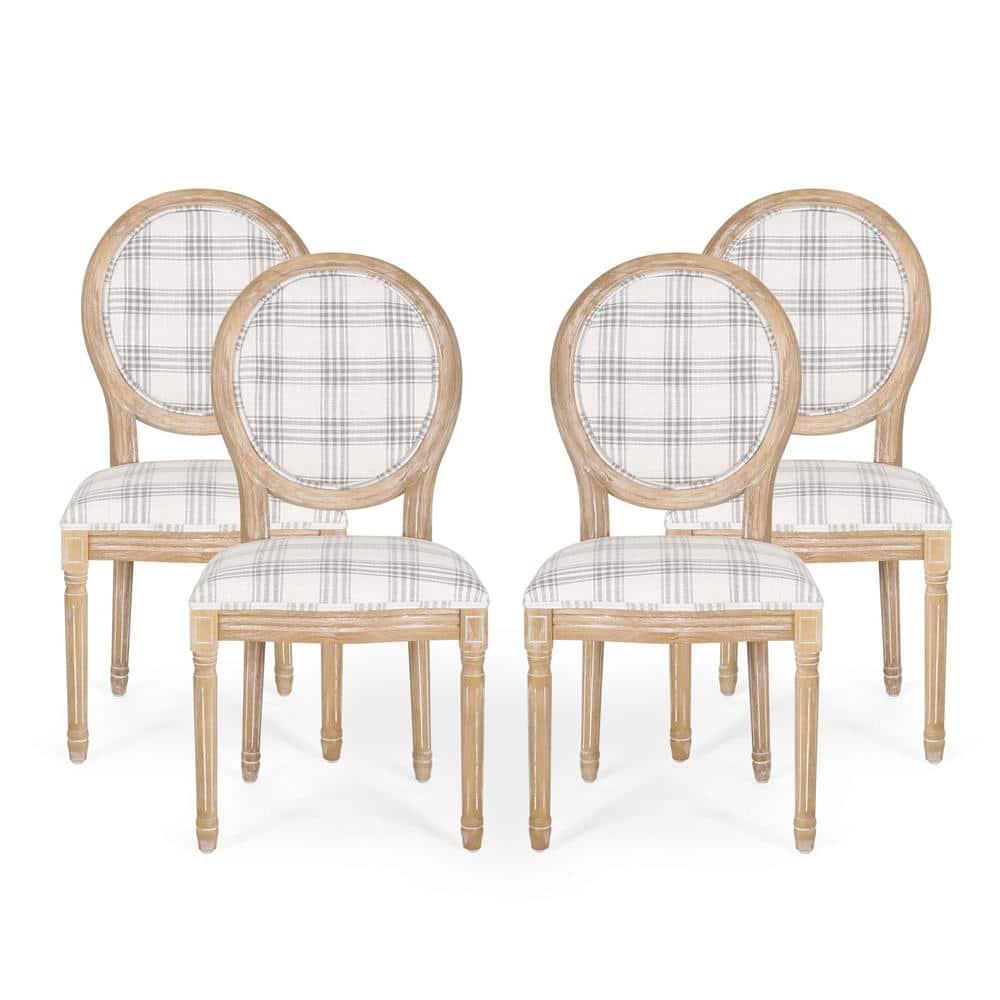 Noble House Karter French Fabric Dining Chairs, Set of 4, Gray Plaid