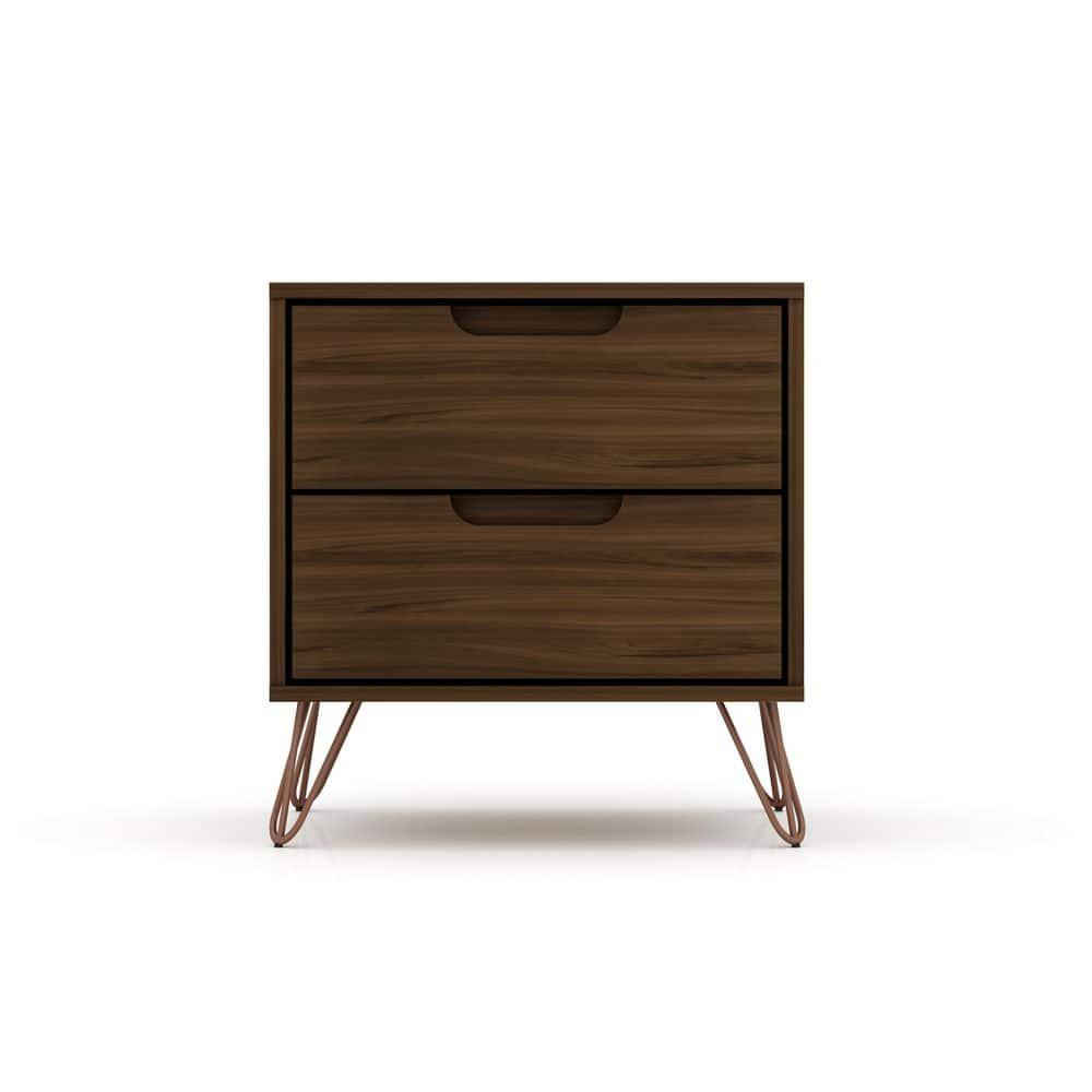 2.0 Rockefeller Nightstand Brown - Manhattan Comfort: Modern Bedside Table with Metal Legs & Storage
