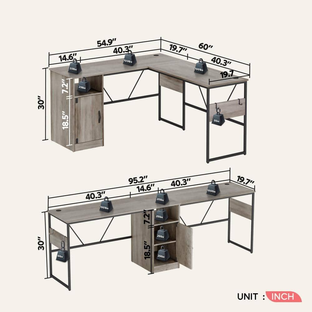 Bestier Reversible 60 inches L Shaped Computer Desk with Storage Cabinet Long Desk for 2 Person Wash Grey
