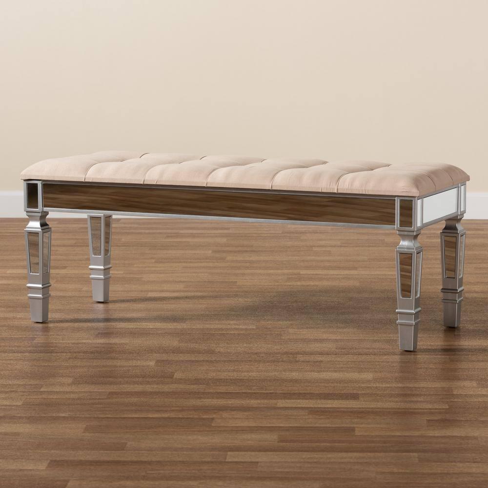 Hedia Fabric Upholstered and Wood Accent Bench Beige/Silver - Baxton Studio: Mirrored Glass, Foam-Padded, Button-Tufted