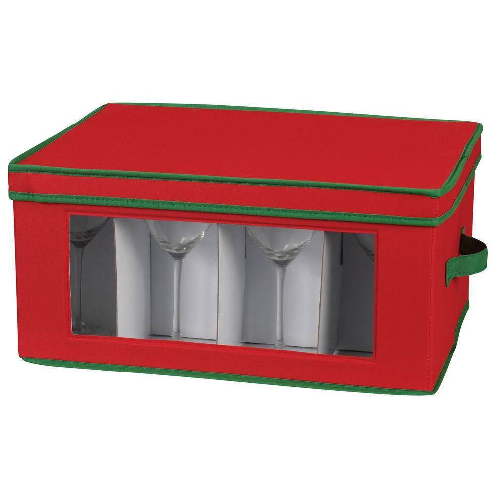 Household Essentials Holiday Stemware Storage Box, Windowed Storage with Lid, 12 Storage Compartments, Red with Green Trim