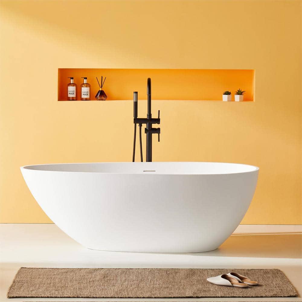 59" x 31" Freestanding Soaking Solid Surface Bathtub Stone Resin Bath Tub with Overflow and Pop-up Drain, Glossy/Matte White