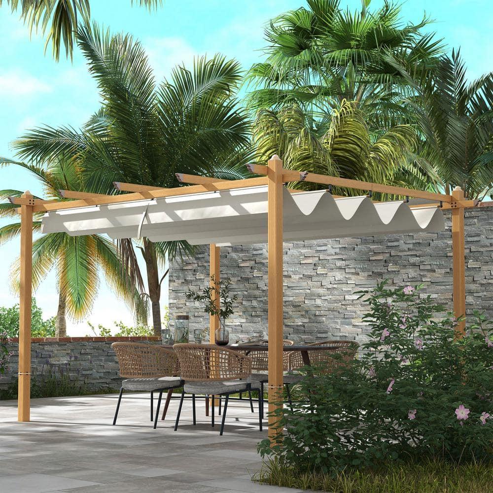 Outsunny 10' x 12' Outdoor Retractable Pergola, Heavy Duty Wood Grain Aluminum with Weather Resistant Fabric Sun Shade Canopy, Patio Shelter, Cream
