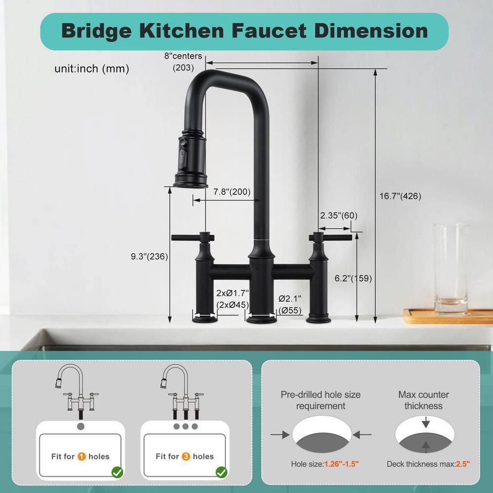WOWOW 2318901B Bridge-Style Kitchen Faucet With Dual Handles And A Pull-Down Spray Head, Designed For Installation On A 3-Hole Kitchen Sink