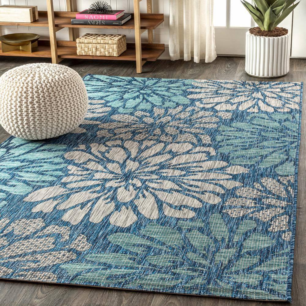 3'x5' Zinnia Modern Floral Textured Weave Indoor/Outdoor Area Rug, Navy/Aqua - JONATHAN Y