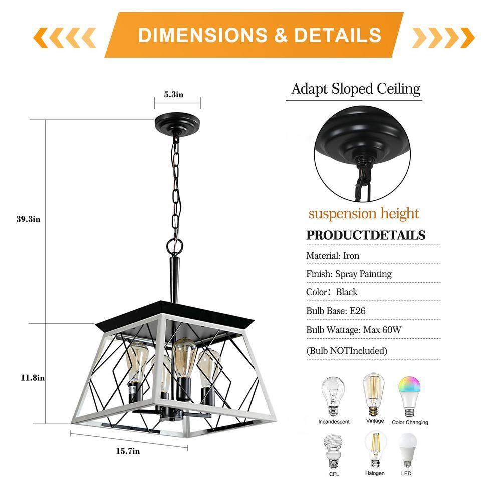 White and Black Metal Cage Square Pendant Chandelier
