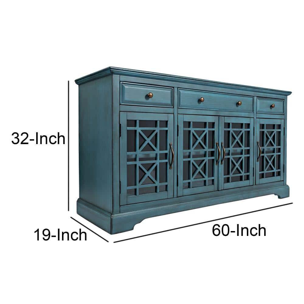 Benzara Koi 60 Inch Acacia Wood TV Media Entertainment Center Console, 4 Glass Doors, Crossed Wood Design, Antique Blue-Finish:Antique Turquoise