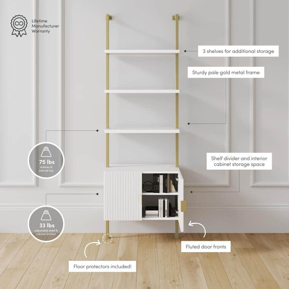 Nathan James Theo Mid-Century Modern Bookcase with Cabinet Fluted Texture, White Open Shelves and Brass Metal Frame Living Room, Home Office Storage