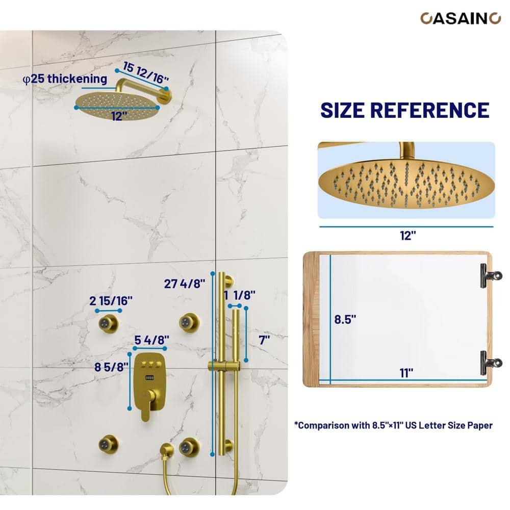 3-Function 12 Inch Temperature Digital Display Shower System With 2-Setting Slider Bar Handheld And 4Pcs Body Jets