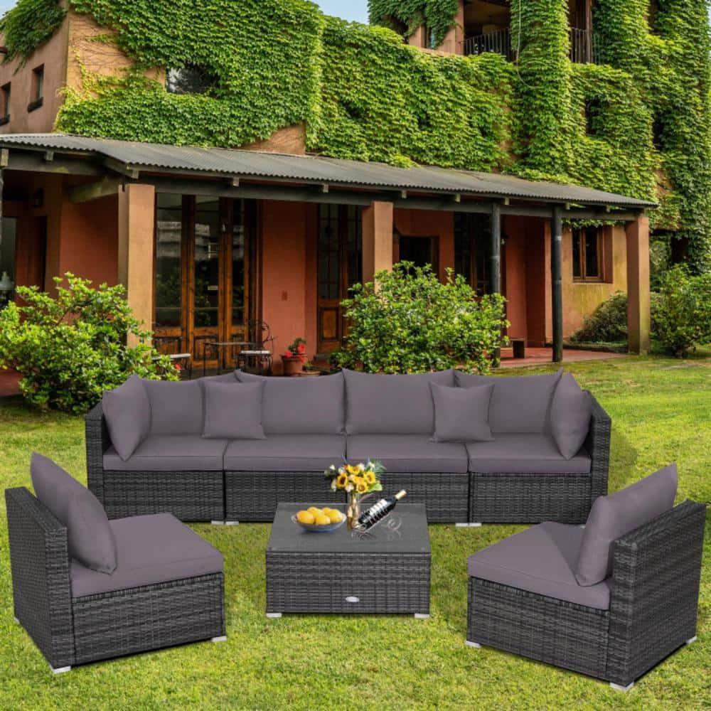 Costway 7PCS Patio Rattan Furniture Set Sectional Sofa Cushioned Garden Gray