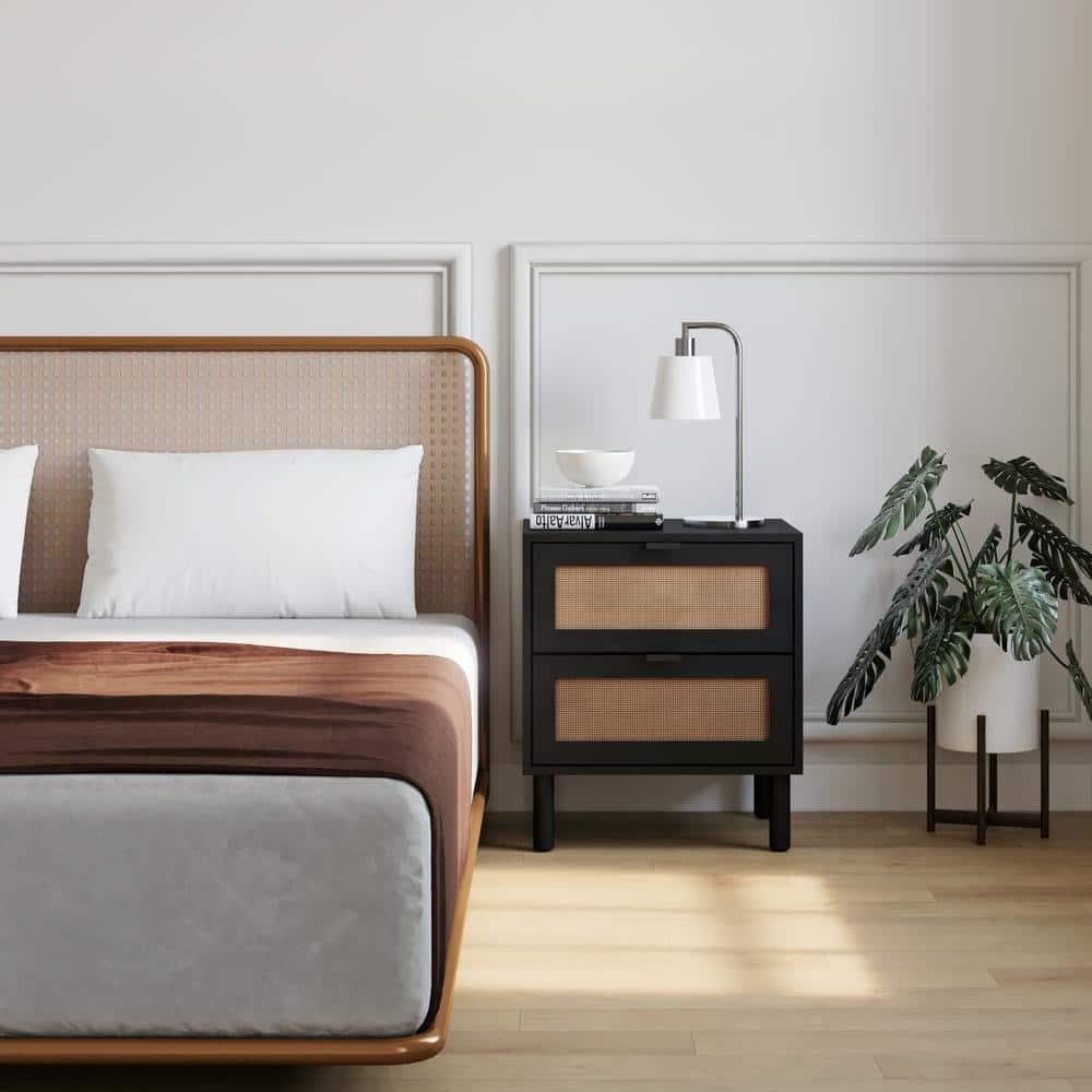 Sango Sango Orre 2-Drawer Solid Wood Nightstand, With Rattan, Cylicndrical Wooden Legs