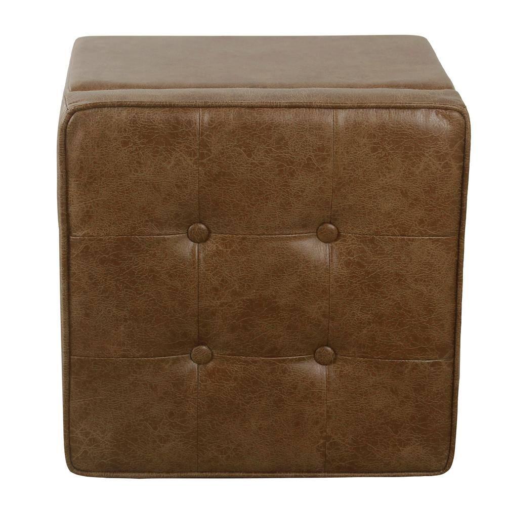 Square Tufted Faux Leather Storage Ottoman Brown - HomePop