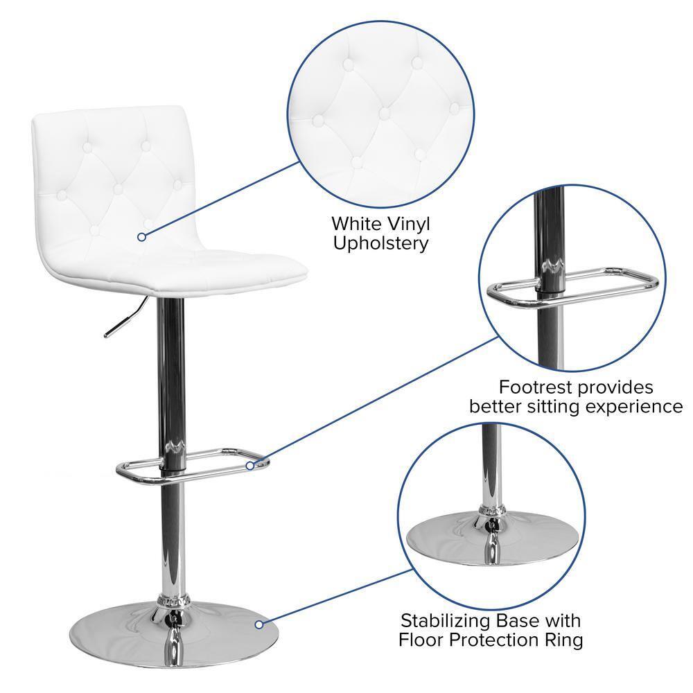 Flash Furniture Sammie Contemporary Button Tufted White Vinyl Adjustable Height Barstool with Chrome Base