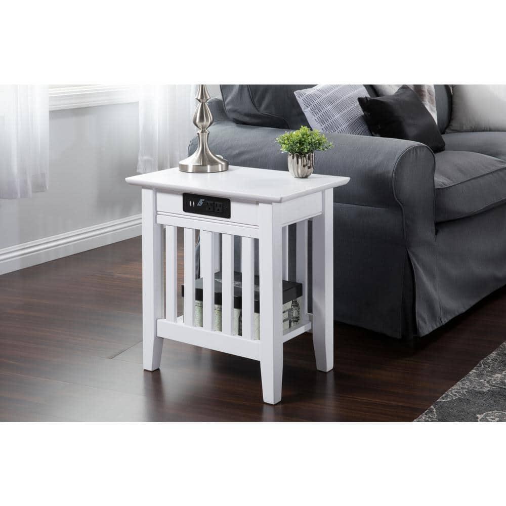 Mission Chair Side Table with Charger Station in White