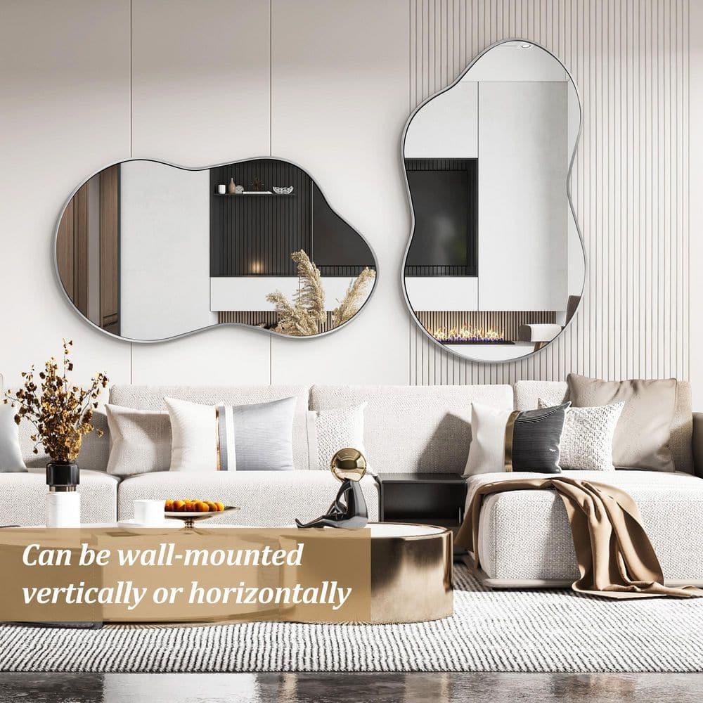 36 in. W. x 20 in. H Irregular Silver Aluminum Alloy Framed Wall Mirror Asymmetrical Wall Mirror