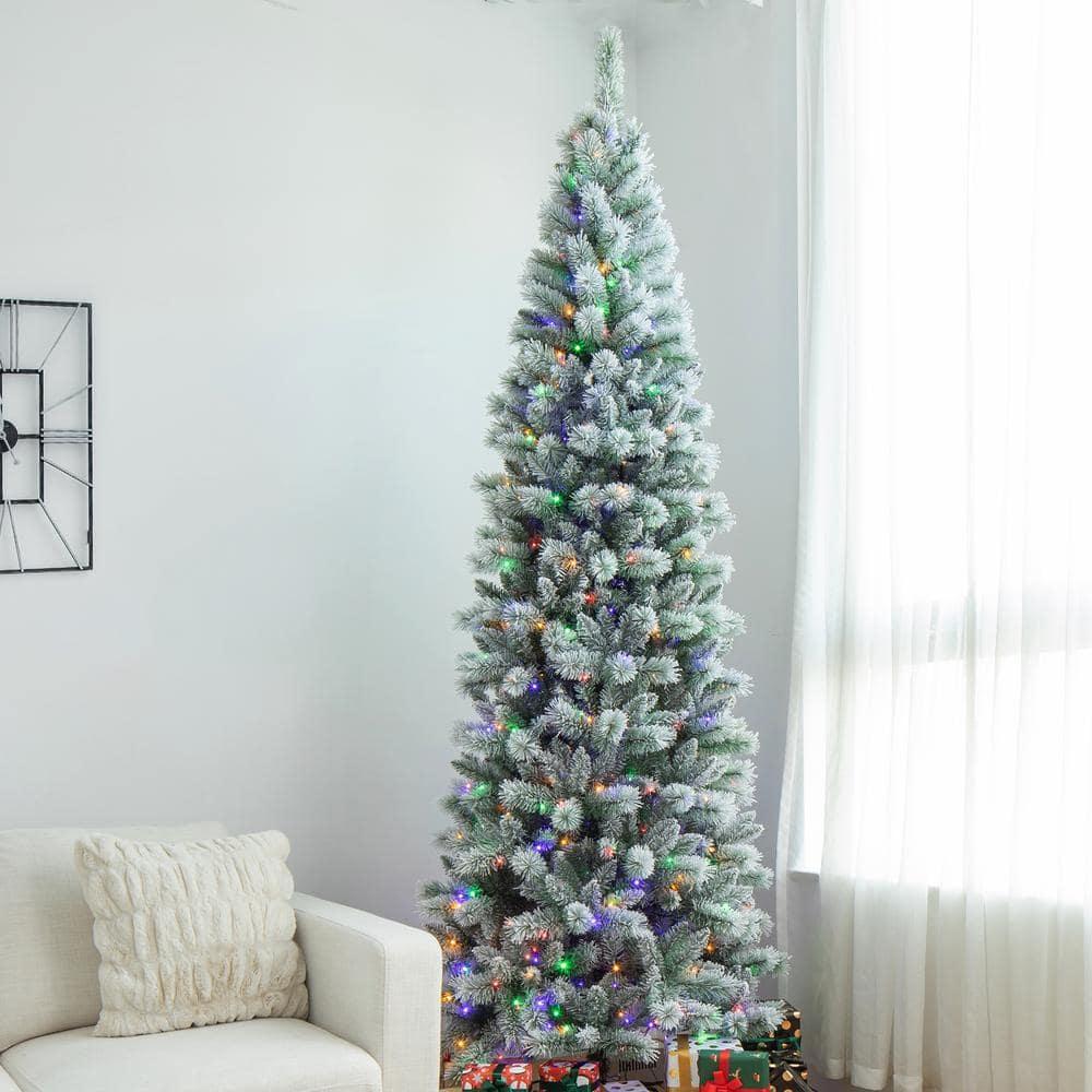 Slender Flocked Pine Christmas Tree with LED Lights