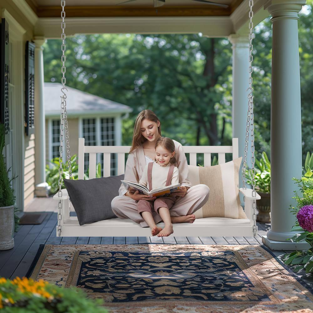 VEIKOUS 2-Seat Outdoor Porch Swing, Hanging Wooden Glider w/Hanging Chains for Patio, Backyard & Garden, White