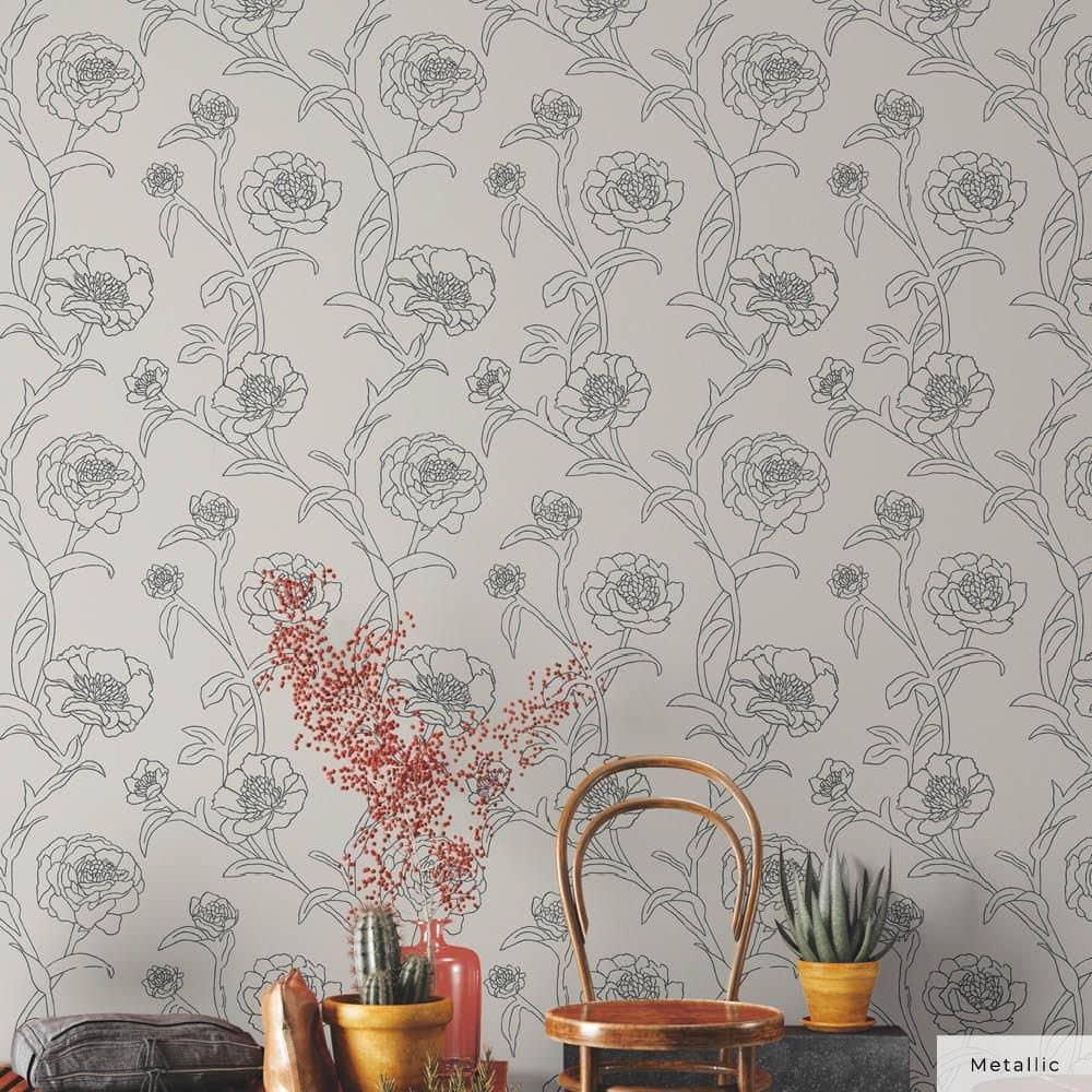 Tempaper & Co. Peonies Removable Peel and Stick Wallpaper, Black and White Floral, 56 sq. ft.: Vinyl Self-Adhesive Botanical Decor