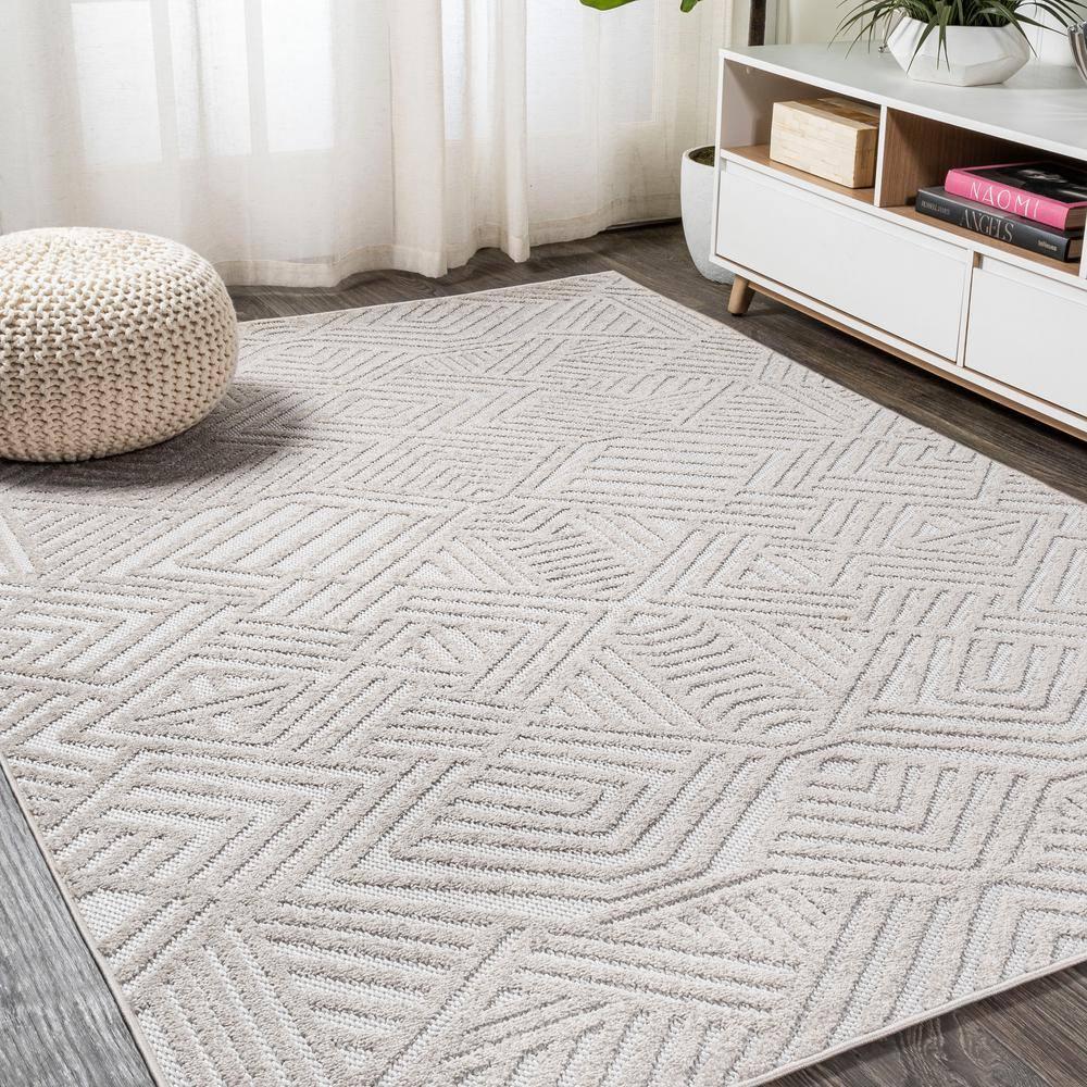 5'x8' Jordan High-Low Pile Art Deco Geometric Indoor/Outdoor Area Rug, Beige - JONATHAN Y